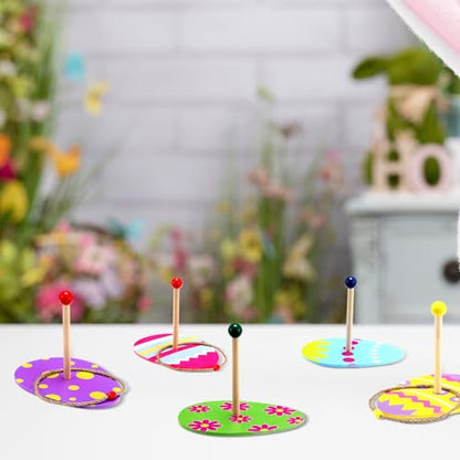 Kathfly 5 Set Easter Egg Ring Toss Game with 5 Targets Stands and 10 Rings Set Easter Egg Activities Toys Party Gifts for Indoor Outdoor Family Backyard Activity