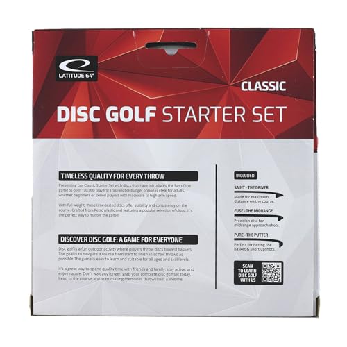 Latitude 64 Classic Disc Golf Starter Set – Includes Saint Fairway Driver, Fuse Midrange & Pure Putter | Base Line Retro Plastic for Grip & Control | Ideal for Beginners & Recreational Players
