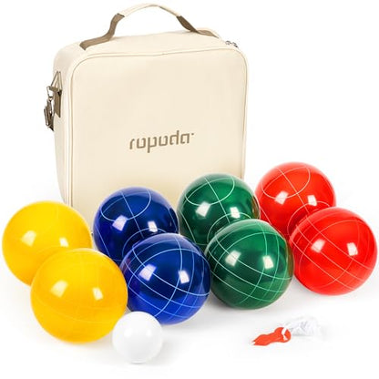 ropoda 107mm Bocce Ball Set Regulation Size and Weight with 8 Resin Bocce Balls, Resin Bocci Balls for Professional Tournament Competition, 60mm Pallino, Nine-Grid Shockproof Carrying Bag(2-8 Players) - size: 107mm
