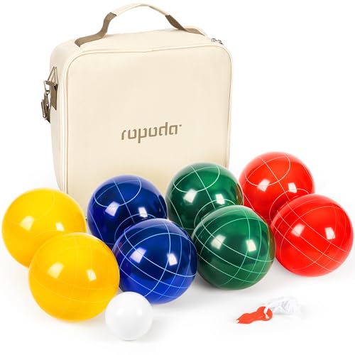 ropoda 107mm Bocce Ball Set Regulation Size and Weight with 8 Resin Bocce Balls, Resin Bocci Balls for Professional Tournament Competition, 60mm Pallino, Nine-Grid Shockproof Carrying Bag(2-8 Players) - size: 107mm
