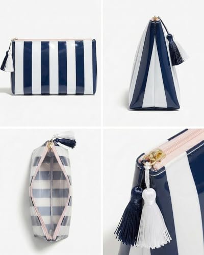 Navy Blue Striped CLear Sunscreen Makeup Bag for Beach,Large Waterproof Cosmetic Travel Pouch for Women,Preppy Aesthetic Toiletry Bag,Beach Pool Summer Essentials Bag For Women Girls(Navy Blue White) - color: Navy Blue White