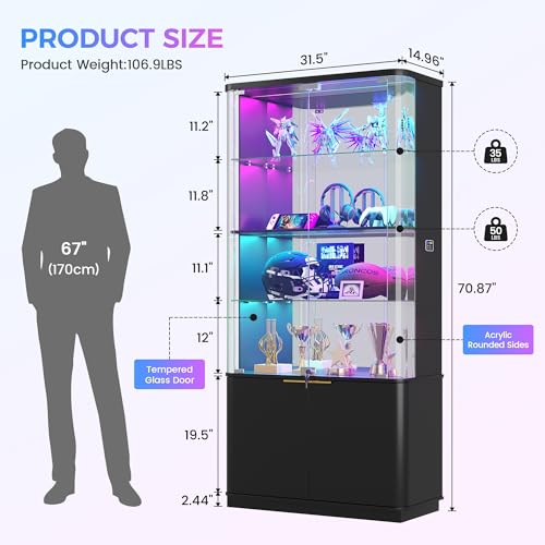 Dystler 71" Locking Glass Display Cabinet, 6-Tier Curio Case with RGB Light | Key Lock, Tempered Glass Shelves, RGB Motion-Sensor Lights, App Control, Curved Safety Edges, for Trophies & Figures - color: Black