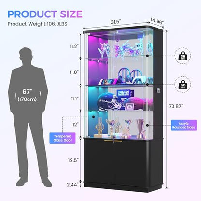 Dystler 71" Locking Glass Display Cabinet, 6-Tier Curio Case with RGB Light | Key Lock, Tempered Glass Shelves, RGB Motion-Sensor Lights, App Control, Curved Safety Edges, for Trophies & Figures - color: Black