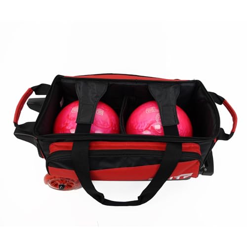 ELITE Deluxe 2 Ball Bowling Bag with 5" Smooth Wheels - Large Accessory Pocket, Shoe Compartment, 36" Extendable Handle - color: Red