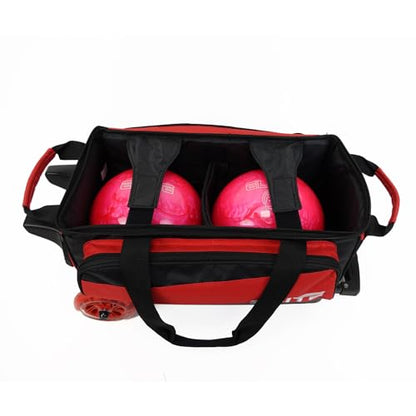 ELITE Deluxe 2 Ball Bowling Bag with 5" Smooth Wheels - Large Accessory Pocket, Shoe Compartment, 36" Extendable Handle - color: Red