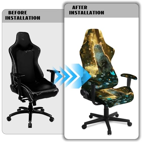 Gaming Chair Slip Cover Set 4Pc/Set Cat Butterfly Print Stretchy Machine Washable Computer Chair Seat Slipcovers with Armrest Covers Universal Fit Office Desk & Racing Computer Gamer Chairs - color: Green and Yellow - Cat Butterfly