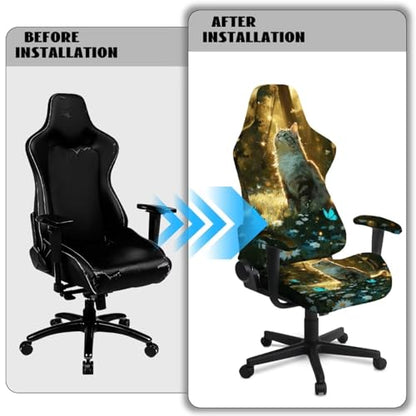 Gaming Chair Slip Cover Set 4Pc/Set Cat Butterfly Print Stretchy Machine Washable Computer Chair Seat Slipcovers with Armrest Covers Universal Fit Office Desk & Racing Computer Gamer Chairs - color: Green and Yellow - Cat Butterfly