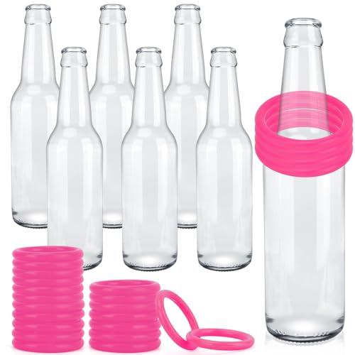 30 Pcs Ring Toss Game Carnival Game Set Include 24 Plastic Throw Rings and 6 Glass Bottles for All Occasions and Events, Summer Backyard Fun, Beach, Carnival Party Favor - color: Pink, size: 1.57"