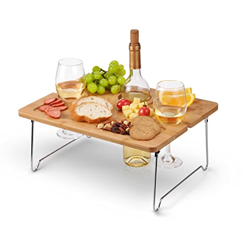 Tirrinia Portable Wine Picnic Table, Ideal Wine Gift for Women Men, Small Folding Outdoor Picnic & Cheese Tray with 2 Wine Glasses Holder for Camping, Park, Beach, Garden, Concerts - size: 15.7" x 11.8"