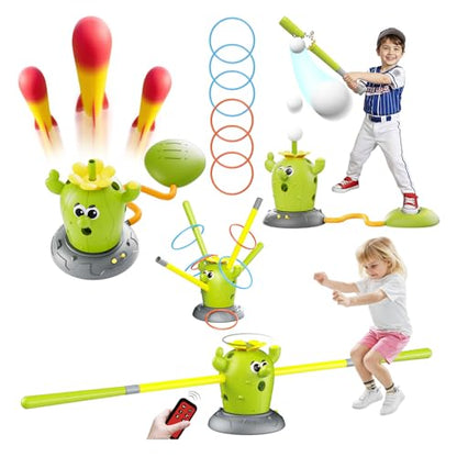 Rocket Launcher Toy Set for Kids Ages 3-8, 4-in-1 Cactus Outdoor Play Set with Ring Toss, Baseball & Skip It – Outdoor Backyard Sports Toys for Boys and Girls, Educational Active Play Gift