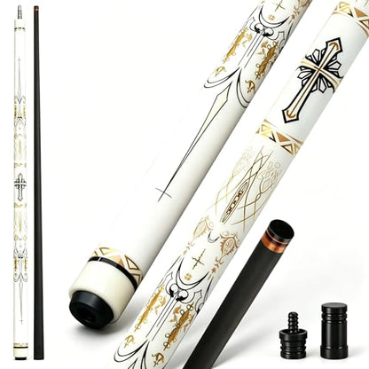Cuefessnuance 58" Carbon Fiber Pool Cue, Low Deflection | Gothic pattern design, black, 100% carbon fiber shaft, pro taper, 11.8mm pigskin tip, 3/8-8 stainless steel joint - color: White