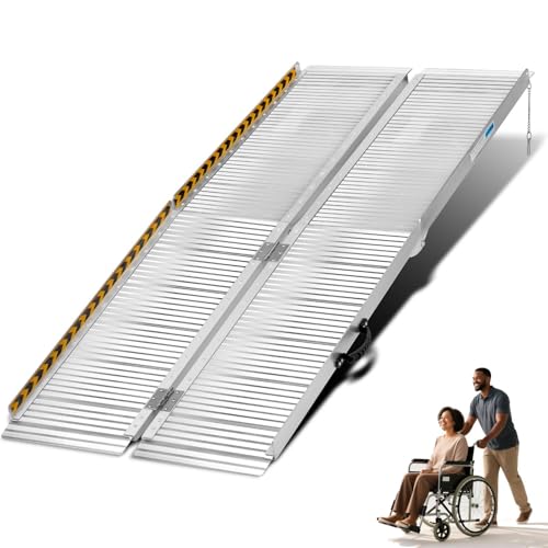 7 Feet Aluminum Folding Wheelchair Ramp, 28in Wide | Non-Skid Handicap Threshold Wheel Chair Ramp for Home Steps, Stairs, Entry, Threshold, Doorways, 600LBS Capacity,28in Wide - size: 7FT-tri-fold-silvery