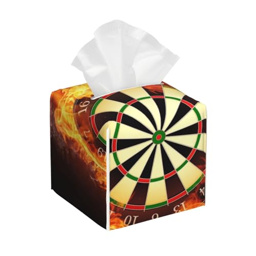 Darts Board in Fire Isolated On Black Background Square Leather Tissue Box Cover - Premium Decorative Organizer with Non-Slip Base for Bathroom Vanity, Nightstand & Countertop