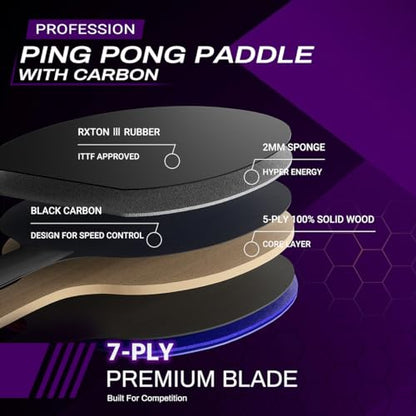 Professional Ping Pong Paddles-Lightweight Carbon Fiber Table Tennis Rackets with 7-Ply Blade, 2.0mm Premium Sponge, ITTF Approved Rubber - for Tournament-Level Performance Table Tennis Paddles