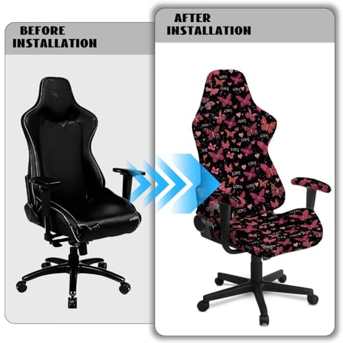 Suobstales Butterfly Heart Love Pattern Gaming Chair Cover, 4pc/Set Office Chair Cover with Armrest/Back Covers/Chair Seat Cover, Stretch Computer Video Game Office Chair Cover Valentine's Day Decor - color: Butterfly Heart Love