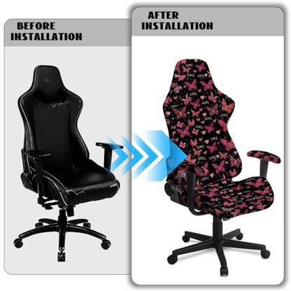 Suobstales Butterfly Heart Love Pattern Gaming Chair Cover, 4pc/Set Office Chair Cover with Armrest/Back Covers/Chair Seat Cover, Stretch Computer Video Game Office Chair Cover Valentine's Day Decor - color: Butterfly Heart Love