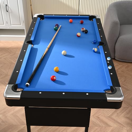 5.3 FT Pool Table Portable Foldable Billiards Table for Kids & Adults with with Balls, Cues, Chalk, Rack & Brush, Compact Space-Saving Game Table for Family Game Room & Office - color: Black+Blue