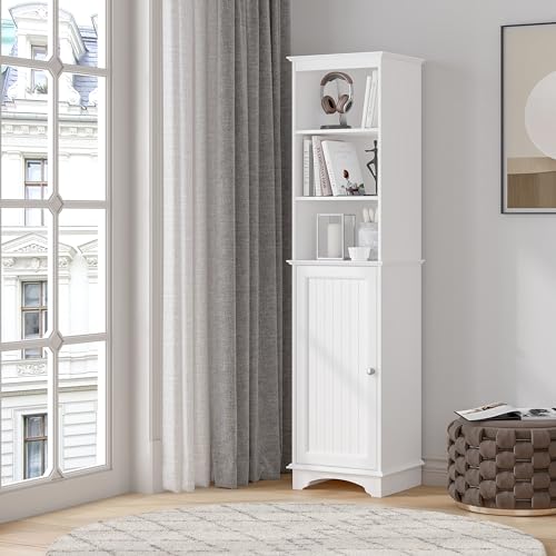 Spirich Tall Narrow Bathroom Storage Cabinet, Slim Linen Tower Cabinet | 3 Open shelves and Adjustable Interior Shelf, Space-saving, Freestanding, Engineered Wood, White, Perfect for Tight Corners
