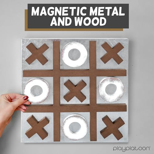 Play Platoon Magnetic Tic Tac Toe Game - Large Metal and Wooden Wall Mounted Board Games - 13.5 Inch Table Top or Wall Mounted Farmhouse Rustic for Game Room - Barnwood - color: Barnwood & Rustic White