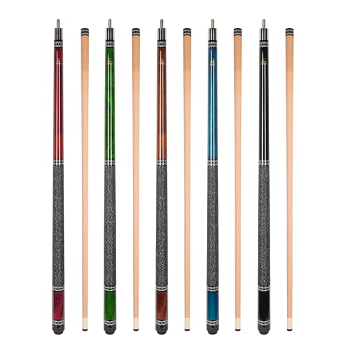 ASKA Set of 5 Pool Cue Sticks 58", 2-Piece Construction, 5/16x18 Joint, Hard Rock Canadian Maple, 13mm Hard Glued On Tip, Mixed Weights and Colors, Choice of Style
