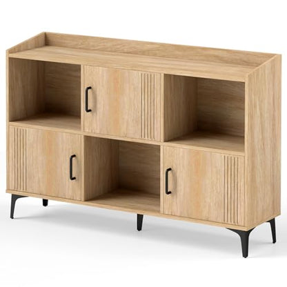 LOKO 47” Wide Storage Cabinet, Large Bookcase with 3 Door Cabinets & Open Shelves, Wood Buffet Cabinet, Sideboard with Anti-tip Kits, Freestanding Storage Cabinet for Living Room, Dining Room