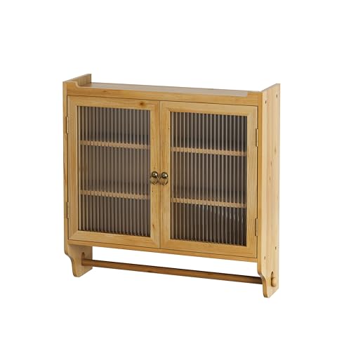 Retro Style Haze Double Glass Door Wood Wall Cabinet with Detachable Shelves for Office, Dining Room,Living Room, Kitchen and Bathroom Natural - color: Natural