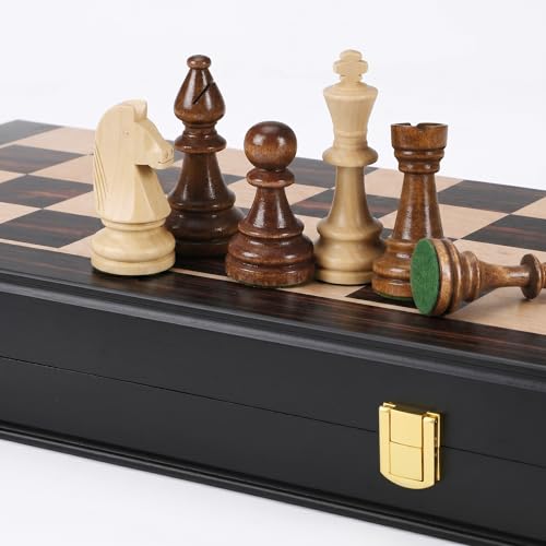 Rinten 17" Wooden Chess Set, Large Handcrafted Folding Chess Board Weighted Chess Pieces with Built-in Storage Slots, Classic Tournament Board Game for Adults or Kids, Premium Tabletop Gift for Family - color: Wood-brown, size: 17 IN