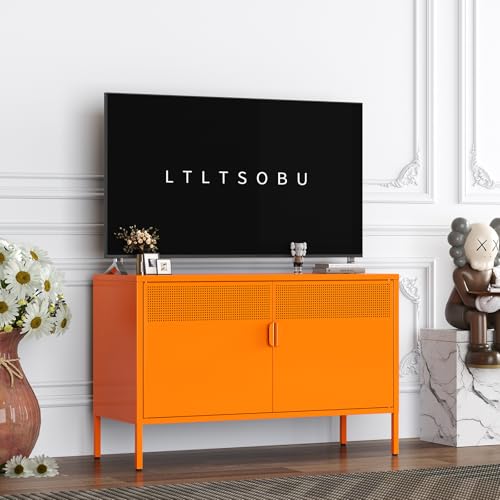 Orange Metal Storage Cabinet with 2 Doors - 25''H TV Stand, 2 Tier Locker with Adjustable Shelves, Multipurpose TV Cabinet for Office, Home, Living Room, Kitchen - color: Orange, size: 25H