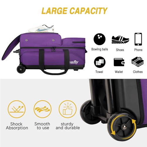 Triple Roller Bowling Bag with Wheels, Heavy Duty 3 Ball Bag for League & Recreational Bowlers - color: Purple