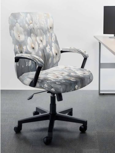 Retro White Camellia Office Chair Cover with Armrest Covers, Spring Farm Oil Painting Universal Stretch Desk Rotating Chair Slipcovers, Removable Seat Protector with Zipper, S - color: White Light Gray Light Blue Mist Blue, size: Small & 2PCS Armrest Cove