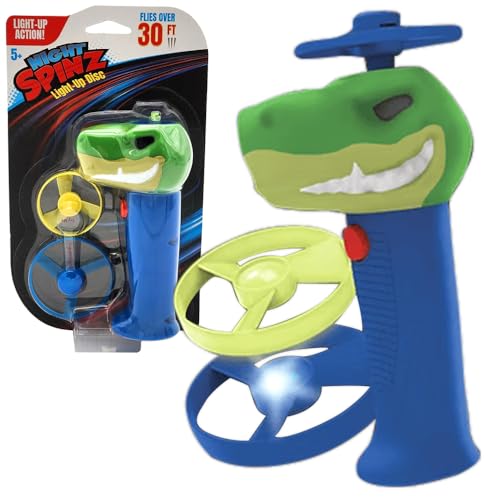 Spinz Night T-Rex Flying Disc Launcher, Light Up Propeller Outdoor Toy with Dinosaur Head and 2 Spinning Discs, Flies Over 30 Ft, 5+ Years - size: T-Rex