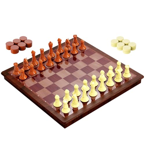 13 Inch Chess Set and Magnetic Chess Board – 2-in-1 Foldable Plastic Travel Board Game, Classic Strategy Toy for Kids, Adults, Beginners and Tournament Players - color: Wood Color
