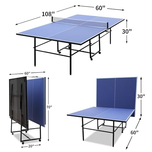 9Ft Full Size Outdoor Ping Pong Table – Collapsible & Portable Table Tennis w/Net, Wheels, Single Player Playback, Fast Setup – Weatherproof – Blue
