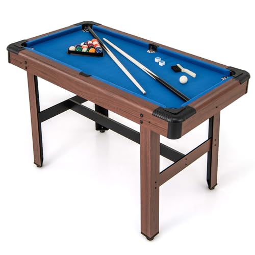 Goplus 48” Pool Table, Wooden Billiards Table w/ 2 Cue Sticks, 16 Balls, 2 Chalks, Triangle, Brush, Compact Pool Game Table for Kids Adults Family Game Room Bar Office - style: Upgrade Table 48’’, Blue