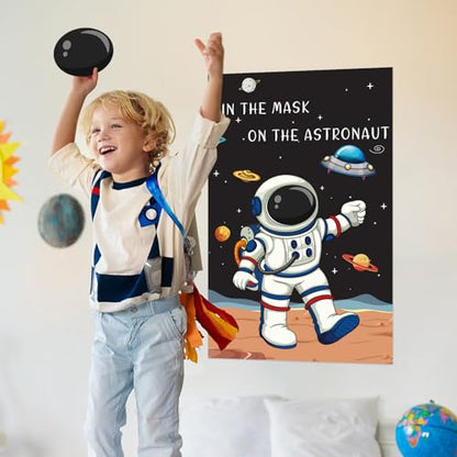 Hooqict Pin The Mask on The Astronaut Space Party Games for Kids Birthday Game Astronaut Solar System Outer Space Themed Party Decorations, Large Poster with 24 Mask Stickers - style: Astronaut