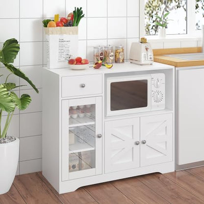 Storage Cabinet with Power Outlet, 35" Modern Sideboard Buffet Cabinet w/Adjustable Shelf, Wooden Kitchen Cabinet with Open Shelves for Living Room, Dining Room, Kitchen, White - color: White, style: Microwave Cabinet