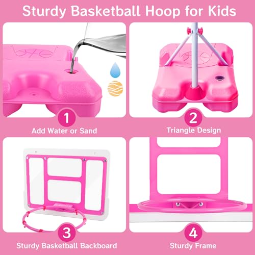Kids Basketball Hoop with Stand, Adjustable Height 3.5FT-6.2FT Toddler Basketball Hoop, Basketball Goal Outdoor Indoor Toys for Girls Age 3 4 5 6 7 8 Years Old Gifts(Pink) - color: Pink