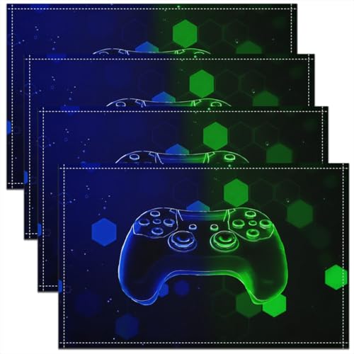 Erosebridal Boys Gaming 4 PCS of Placemats 12x18 Video Game Place Mat for Dining Table Hexagon Spots Honeycomb Non Slip Table Mats Modern Blue Green - color: Blue Green