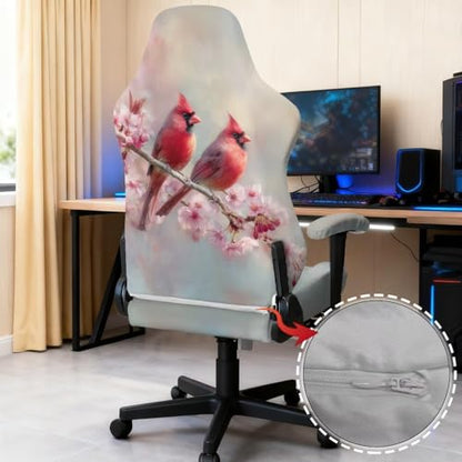 Suobstales Cardinal Cherry Blossom Pattern Gaming Chair Covers Waterproof Cat Scratch Proof Stretch Game Chair Cover with Armrest Anti-Scratch Protection for Ergonomic Gaming Rotating Desk Chair - color: Cardinal Cherry Blossom