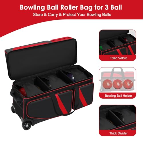 3 Ball Bowling Roller Bag with Smooth Wheels & Shoe Compartment, Heavy Duty 3 Ball Bowling Bag with Retractable Handle, Large Capacity Bowling Bag with Multi-pockets for Tournament, Travel, League - color: Red