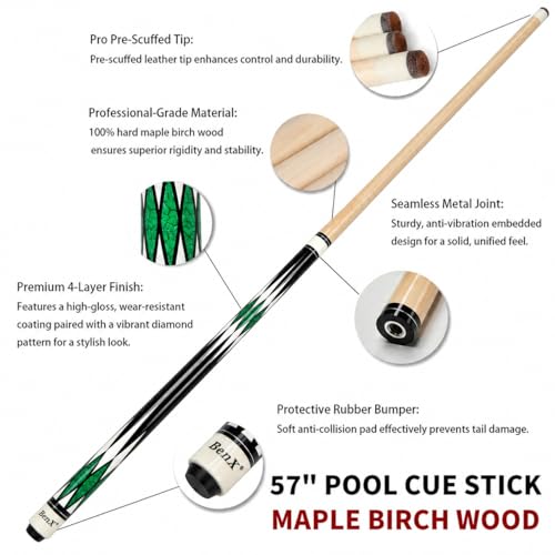 57" Billiard Cue Stick - Maple Birch Wood Pool Cue for 8-Ball & 9-Ball, 13mm Pre-Scuffed Tip, Seamless Metal Joint, 4-Layer Gloss Finish - color: Green