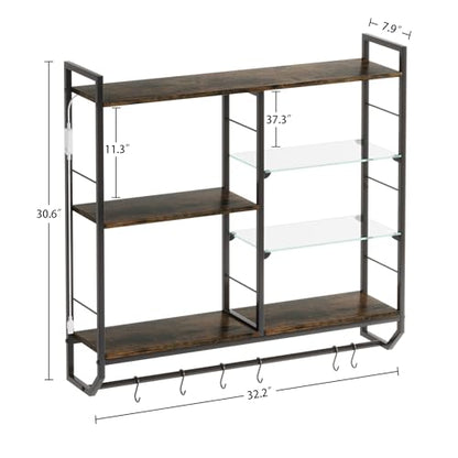 EYCOAL Gaming Floating Shelves, Wall Mounted Wooden Decor Display Shelf with 34" LED Lights and Adjustable Glass Bar Wine Shelf, Extra Hanging Hooks Storage for Gaming Room and Living Room