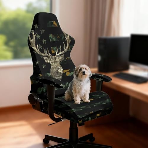 Suobstales Deer American Flag Camo Pattern Computer Game Chair Covers with Armrest Cover Washable Computer Chair Slipcovers Removable Kitchen Chair Covers for Home Kitchen Restaurant - color: Deer American Flag Camo