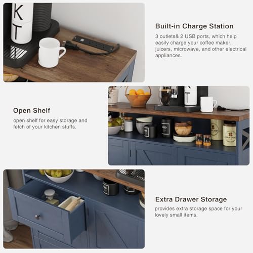 Befrases Farmhouse Buffet Cabinet with Drawers & Open Shelf, Sideboard with Storage, Kitchen Pantry Cabinet Hutch, Coffee Bar Station for Kitchen, Livingroom, 47" L Blue - color: Blue