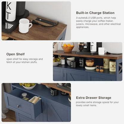 Befrases Farmhouse Buffet Cabinet with Drawers & Open Shelf, Sideboard with Storage, Kitchen Pantry Cabinet Hutch, Coffee Bar Station for Kitchen, Livingroom, 47" L Blue - color: Blue