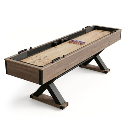 Hathaway Excalibur 9-Ft Shuffleboard Table for Great for Family Recreation Game Rooms, Designed with a Rustic Driftwood Finish with Built-In Leg Levelers, Includes 8 Pucks, Table Brush and Wax