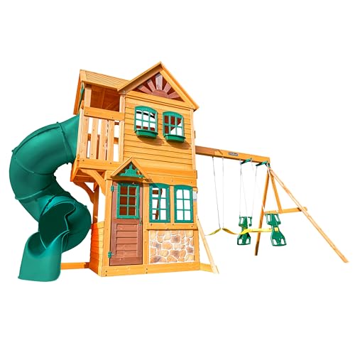KidKraft Buffalo Crossing Wooden Outdoor Swing Set with Tube Slide | Two-Story Playhouse, Rock Wall, Glider, Faux Stone Facade, Planter Boxes