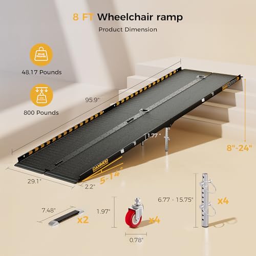 CAMMOO 8 FT Portable Wheelchair Ramp-800LBS Heavy-Duty, High-Strength Aluminum Alloy with 4 Adjustable Legs, 4 Wheels, Triple Anti-Slip and Seamless Design, Ideal for Home Steps, Threshold, Doorways - size: 8 FT
