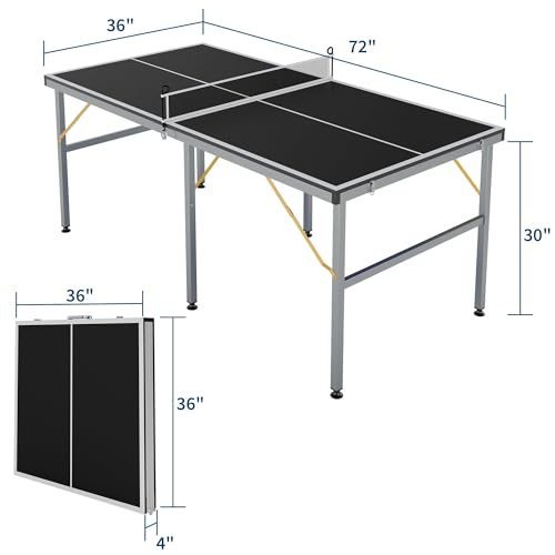 Foldable Ping Pong Table, 6FT Mid-Size Table Tennis Game Set,Portable Ping Pong Tables with Net, 2 Table Tennis Paddles and 3 Balls,Instant Setup,No Assembly Required - color: Black