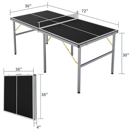 Foldable Ping Pong Table, 6FT Mid-Size Table Tennis Game Set,Portable Ping Pong Tables with Net, 2 Table Tennis Paddles and 3 Balls,Instant Setup,No Assembly Required - color: Black